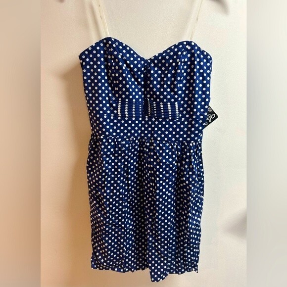 BeBop Navy Blue Polka Dot Sweetheart Mini Dress Size Large New - Picture 1 of 7